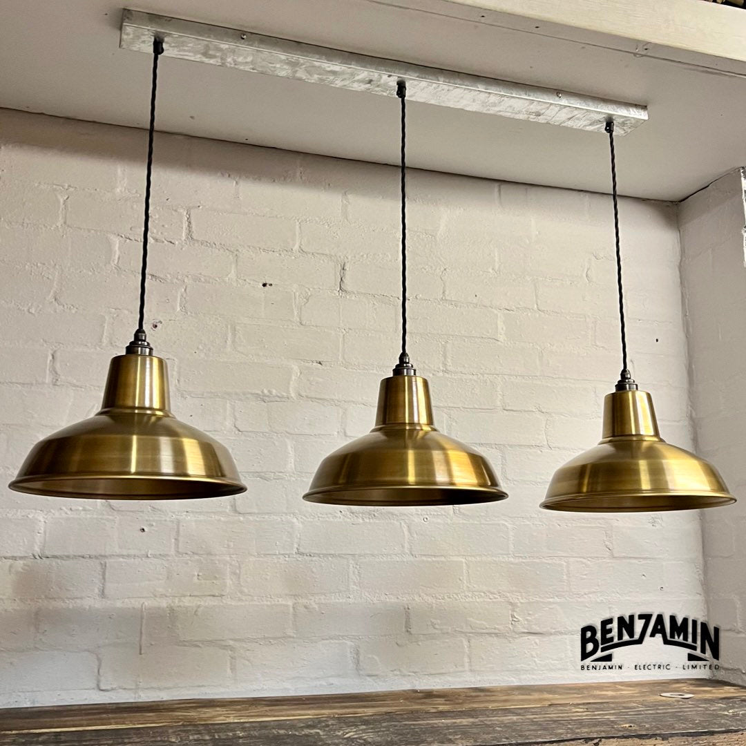 Filby ~ 3 x Antique Brass Shade RLM 1921 Design Pendant Set Galvanised Track Cluster Light | Dining Room | Kitchen Table | Vintage