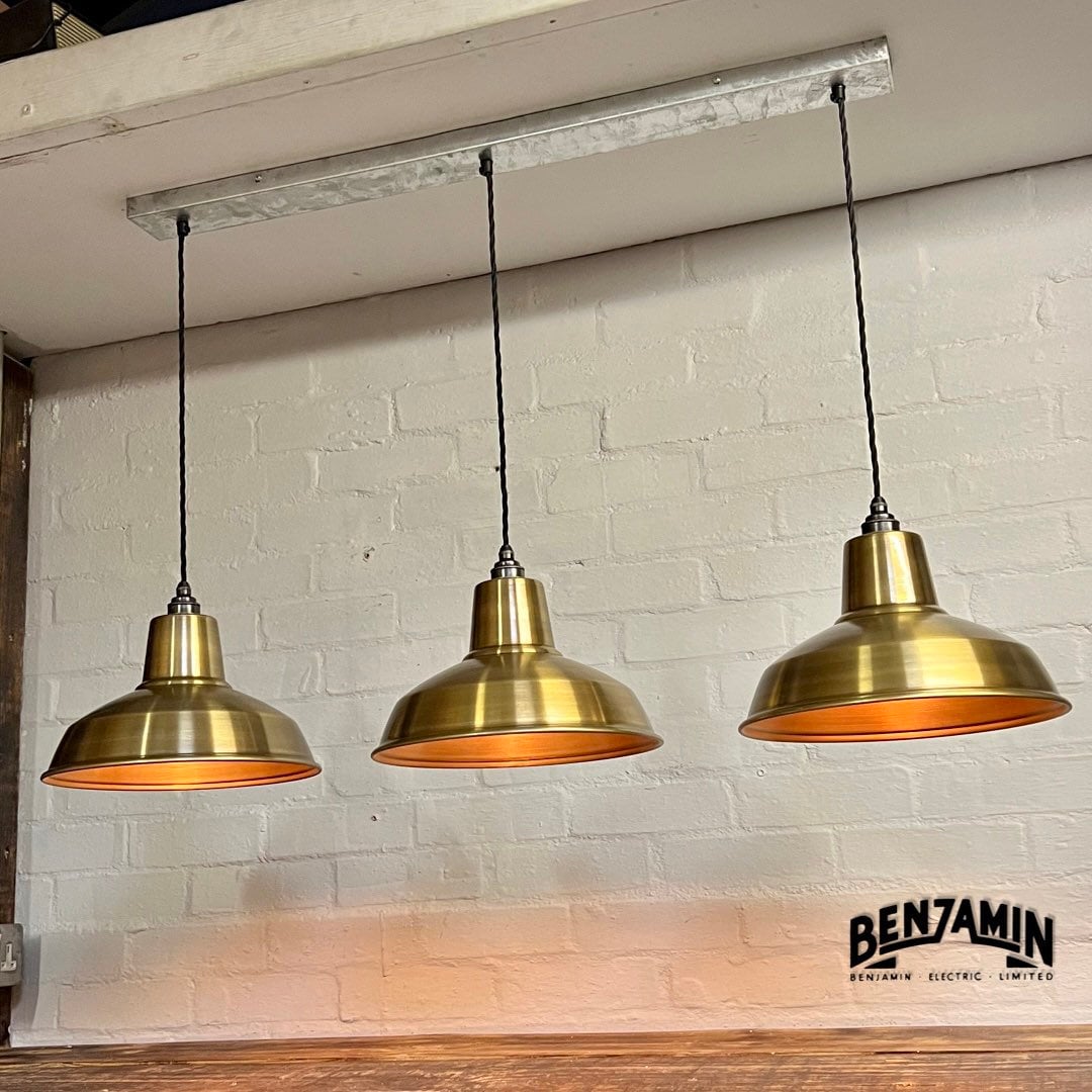 Filby ~ 3 x Antique Brass Shade RLM 1921 Design Pendant Set Galvanised Track Cluster Light | Dining Room | Kitchen Table | Vintage