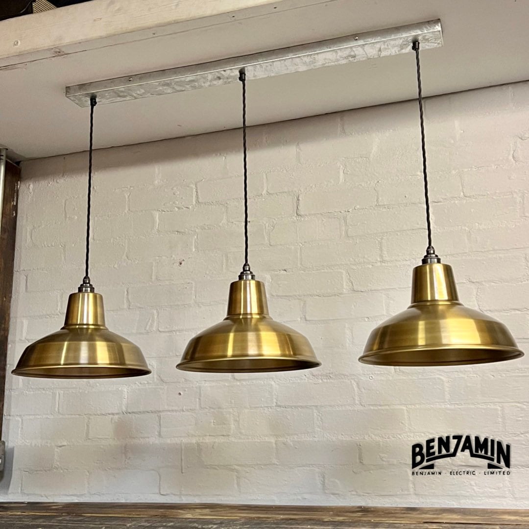 Filby ~ 3 x Antique Brass Shade RLM 1921 Design Pendant Set Galvanised Track Cluster Light | Dining Room | Kitchen Table | Vintage