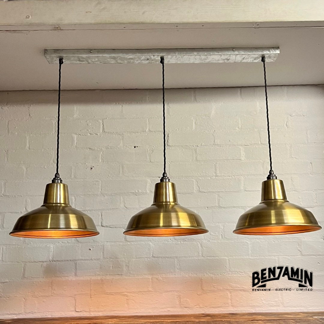 Filby ~ 3 x Antique Brass Shade RLM 1921 Design Pendant Set Galvanised Track Cluster Light | Dining Room | Kitchen Table | Vintage