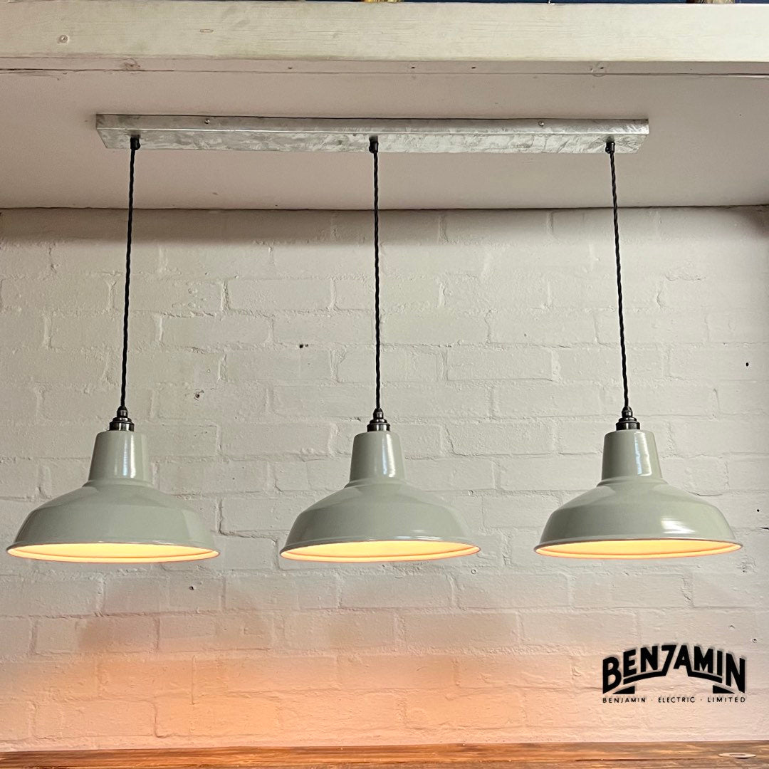 Filby ~ 3 x Grey Shade RLM 1921 Design Pendant Set Galvanised Track Light | Dining Room | Kitchen Table | Vintage