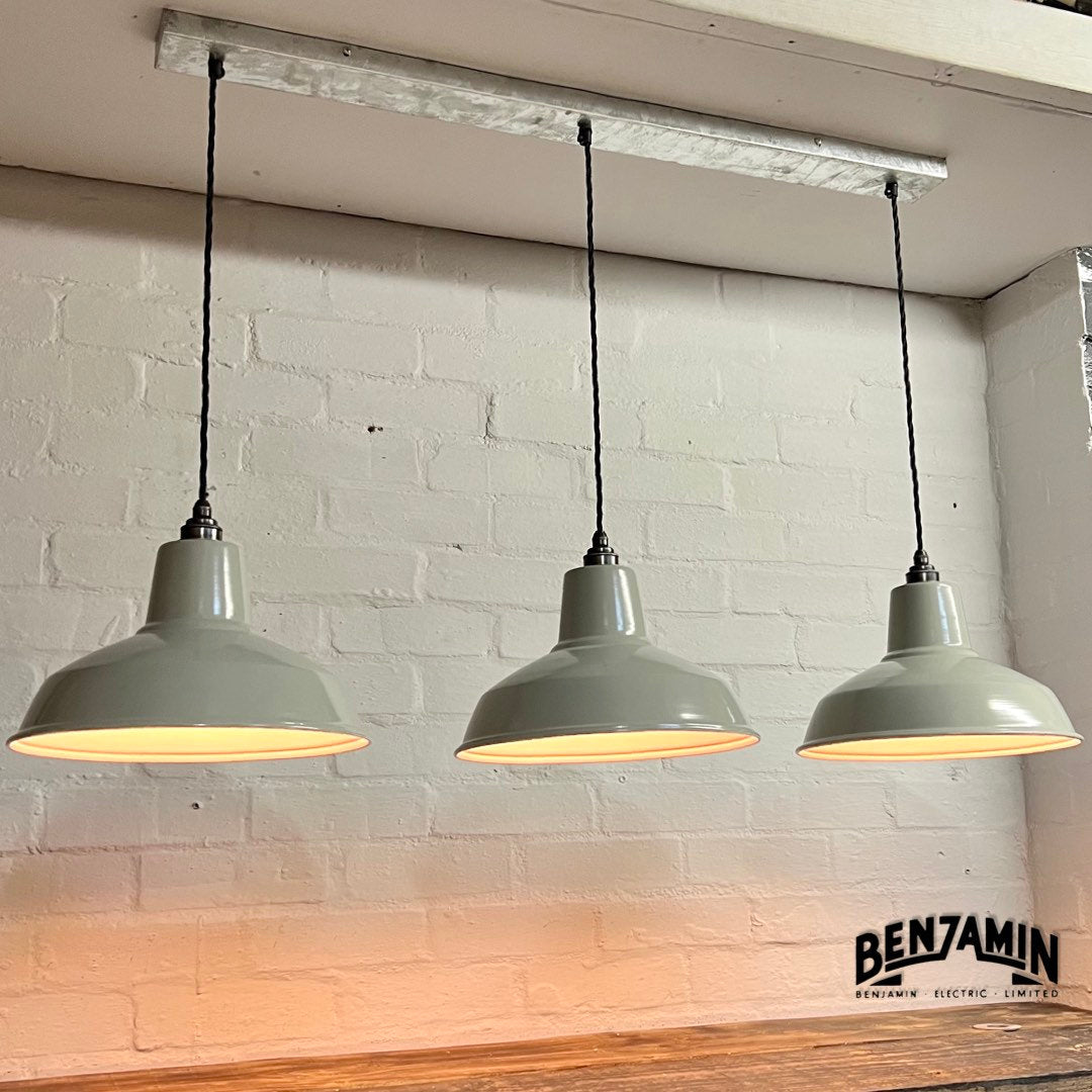 Filby ~ 3 x Grey Shade RLM 1921 Design Pendant Set Galvanised Track Light | Dining Room | Kitchen Table | Vintage