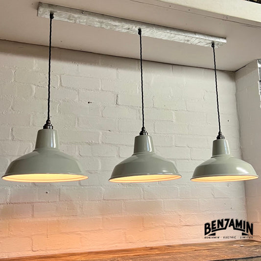 Filby ~ 3 x Grey Shade RLM 1921 Design Pendant Set Galvanised Track Light | Dining Room | Kitchen Table | Vintage