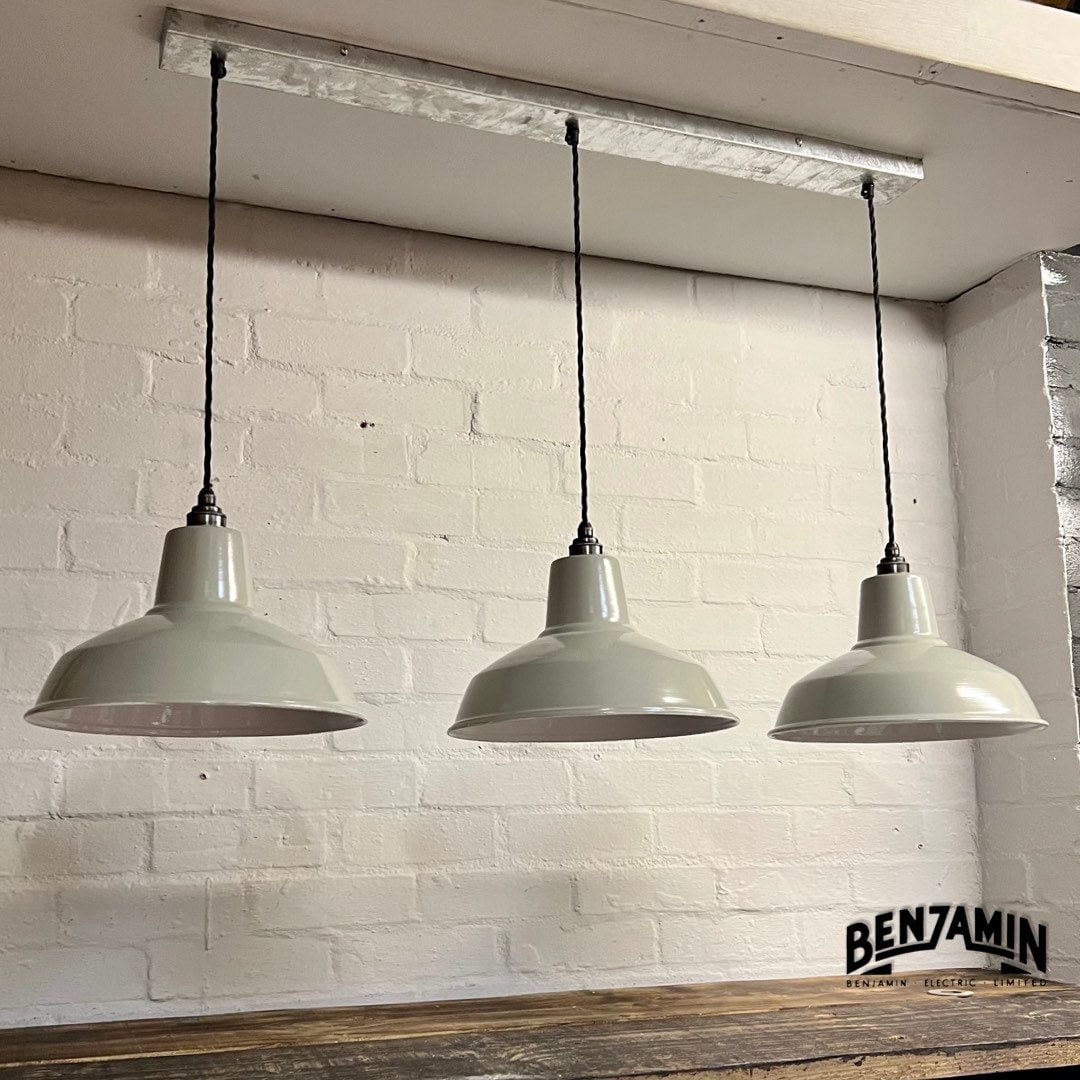 Filby ~ 3 x Grey Shade RLM 1921 Design Pendant Set Galvanised Track Light | Dining Room | Kitchen Table | Vintage