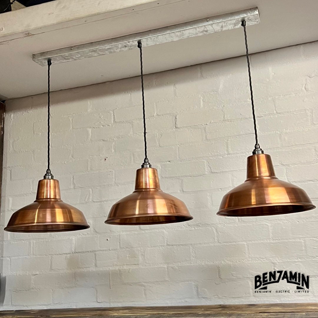 Filby ~ 3 x Antique Copper Shade RLM 1921 Design Pendant Set Galvanised Track Light | Dining Room | Kitchen Table | Vintage