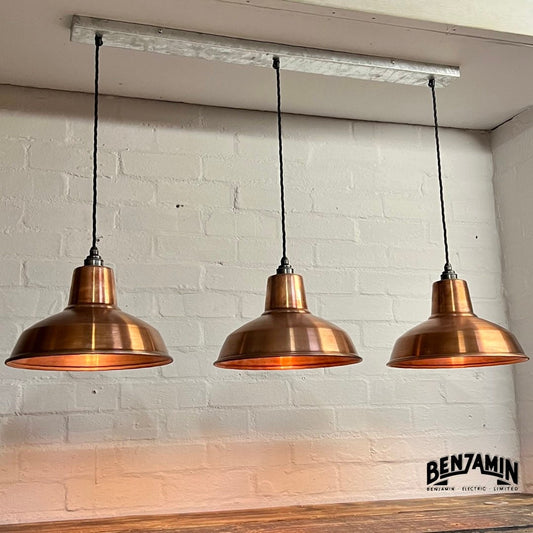 Filby ~ 3 x Antique Copper Shade RLM 1921 Design Pendant Set Galvanised Track Light | Dining Room | Kitchen Table | Vintage