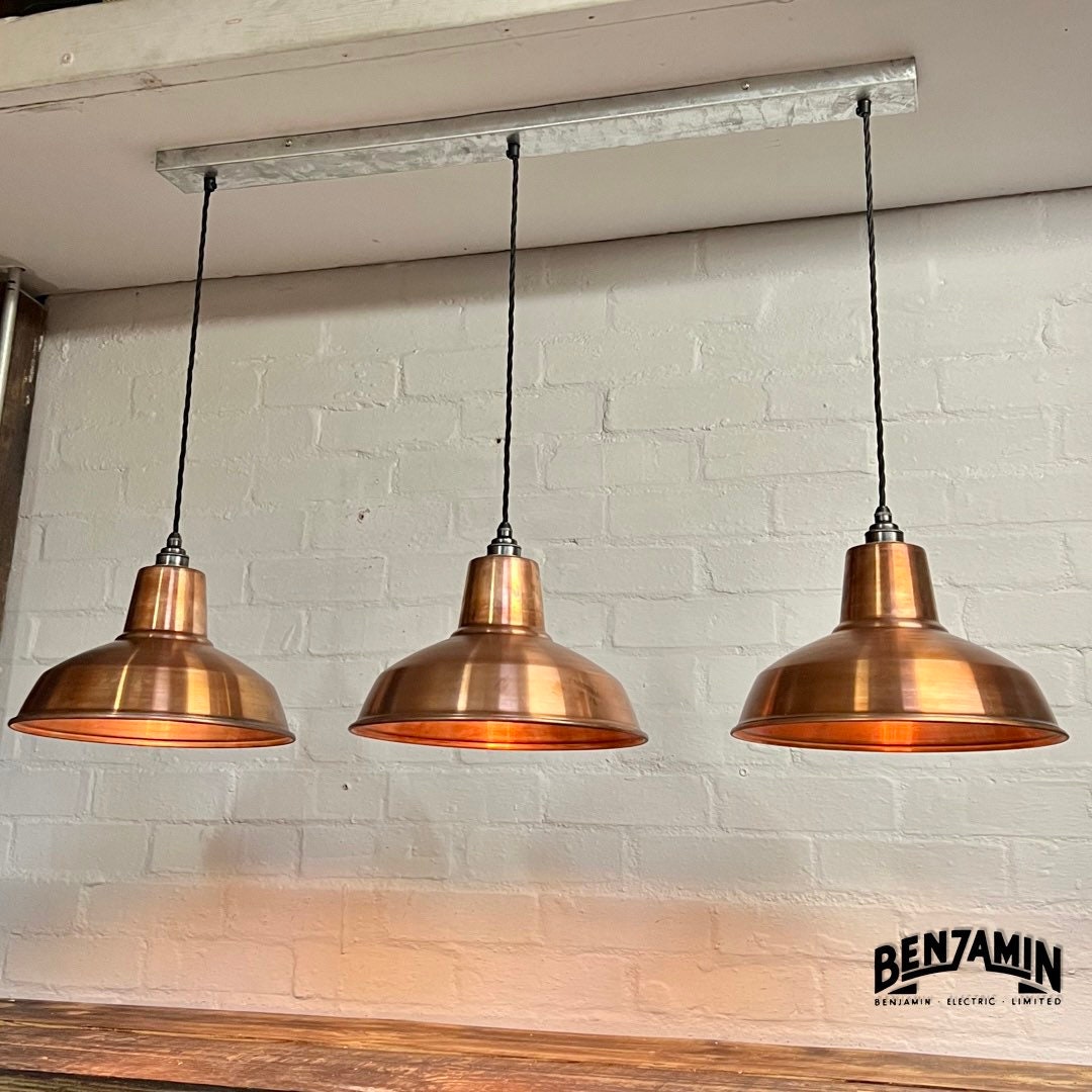 Filby ~ 3 x Antique Copper Shade RLM 1921 Design Pendant Set Galvanised Track Light | Dining Room | Kitchen Table | Vintage