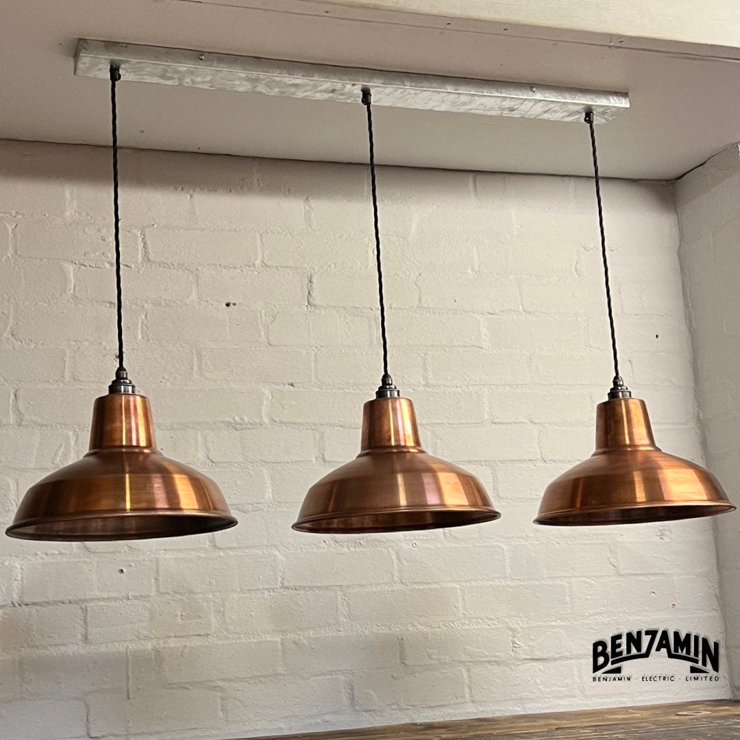 Filby ~ 3 x Antique Copper Shade RLM 1921 Design Pendant Set Galvanised Track Light | Dining Room | Kitchen Table | Vintage