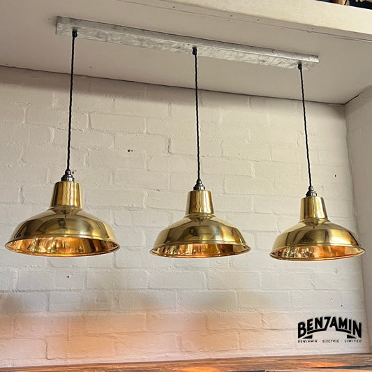 Filby ~ 3 x Solid Brass Shade RLM 1921 Design Pendant Set Galvanised Track Light | Dining Room | Kitchen Table | Vintage Au Gold