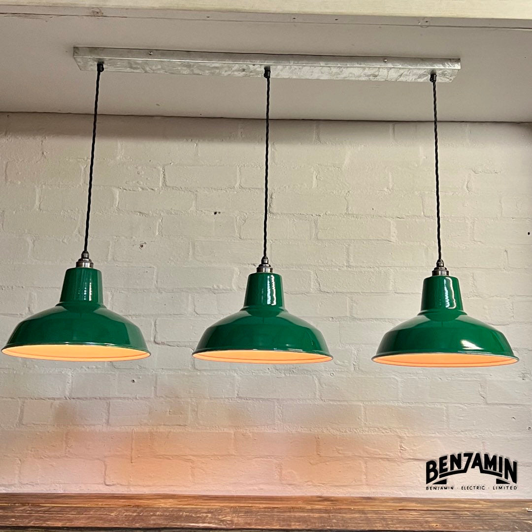 Filby ~ 3 x Green Shade RLM 1921 Design Pendant Set Galvanised Track Light | Dining Room | Kitchen Table | Vintage