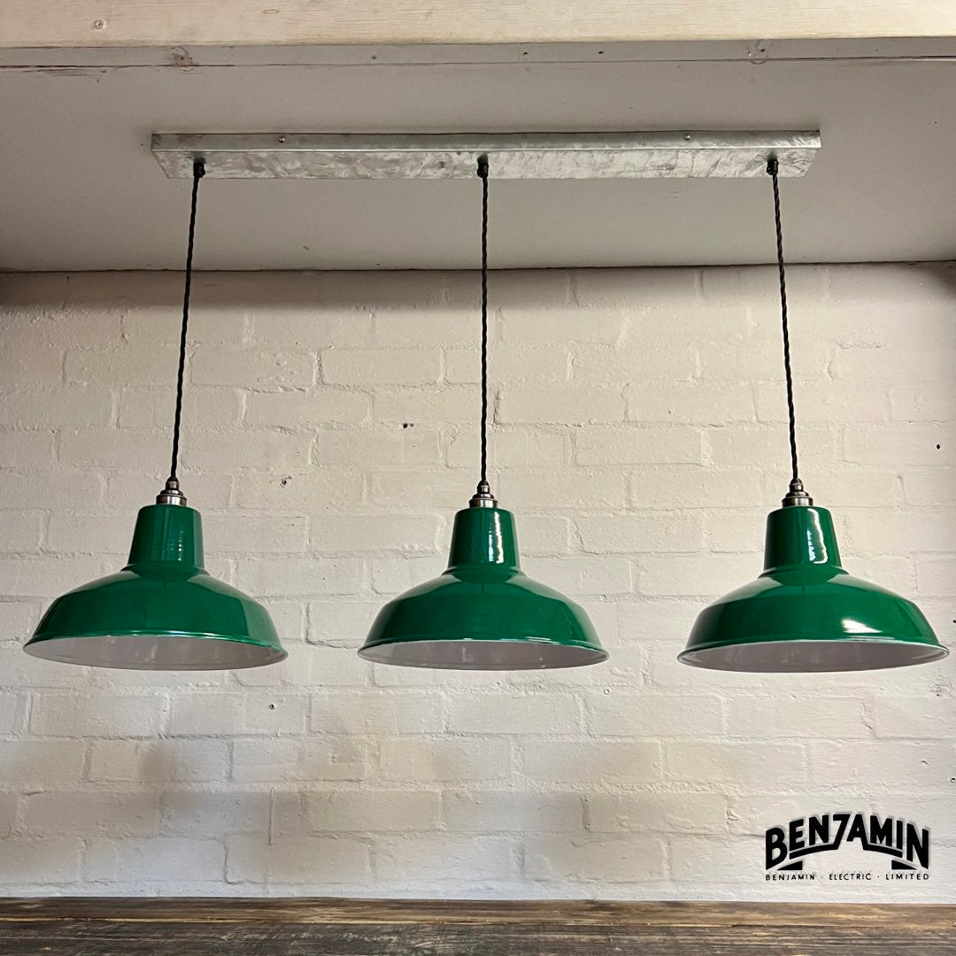 Filby ~ 3 x Green Shade RLM 1921 Design Pendant Set Galvanised Track Light | Dining Room | Kitchen Table | Vintage