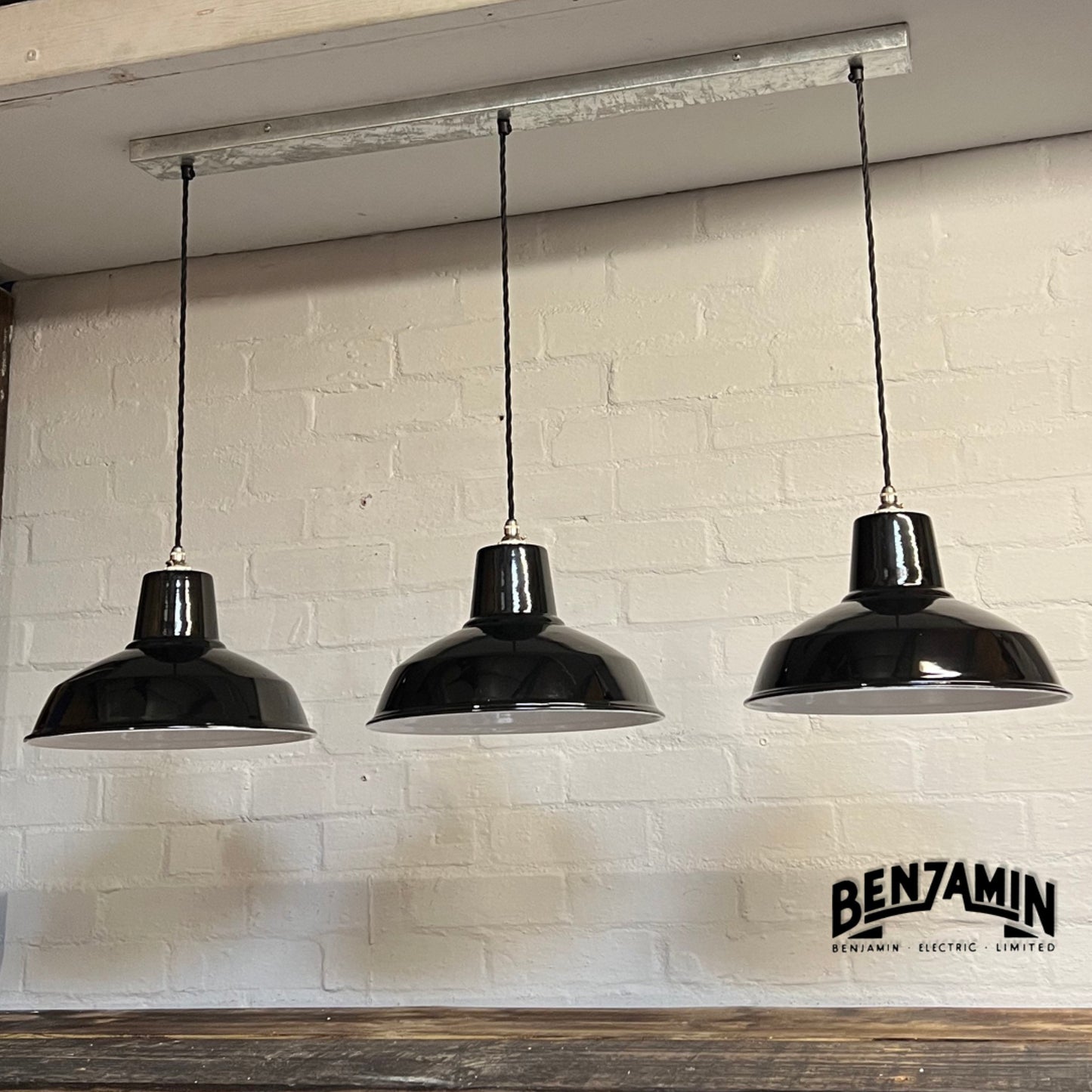 Filby ~ 3 x Jet Black Shade RLM 1921 Design Pendant Set Galvanised Track Light | Dining Room | Kitchen Table | Vintage