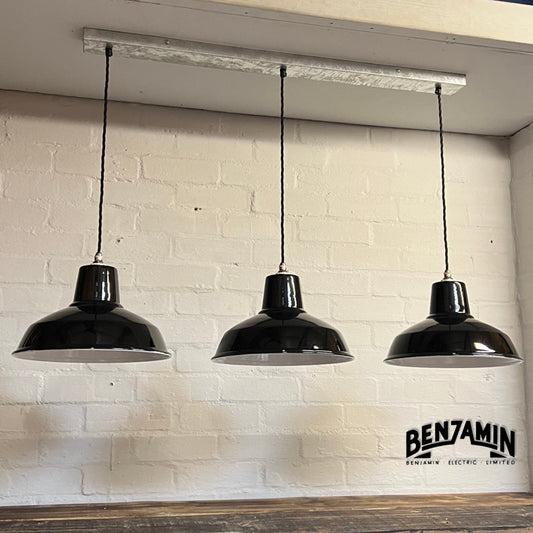 Filby ~ 3 x Jet Black Shade RLM 1921 Design Pendant Set Galvanised Track Light | Dining Room | Kitchen Table | Vintage