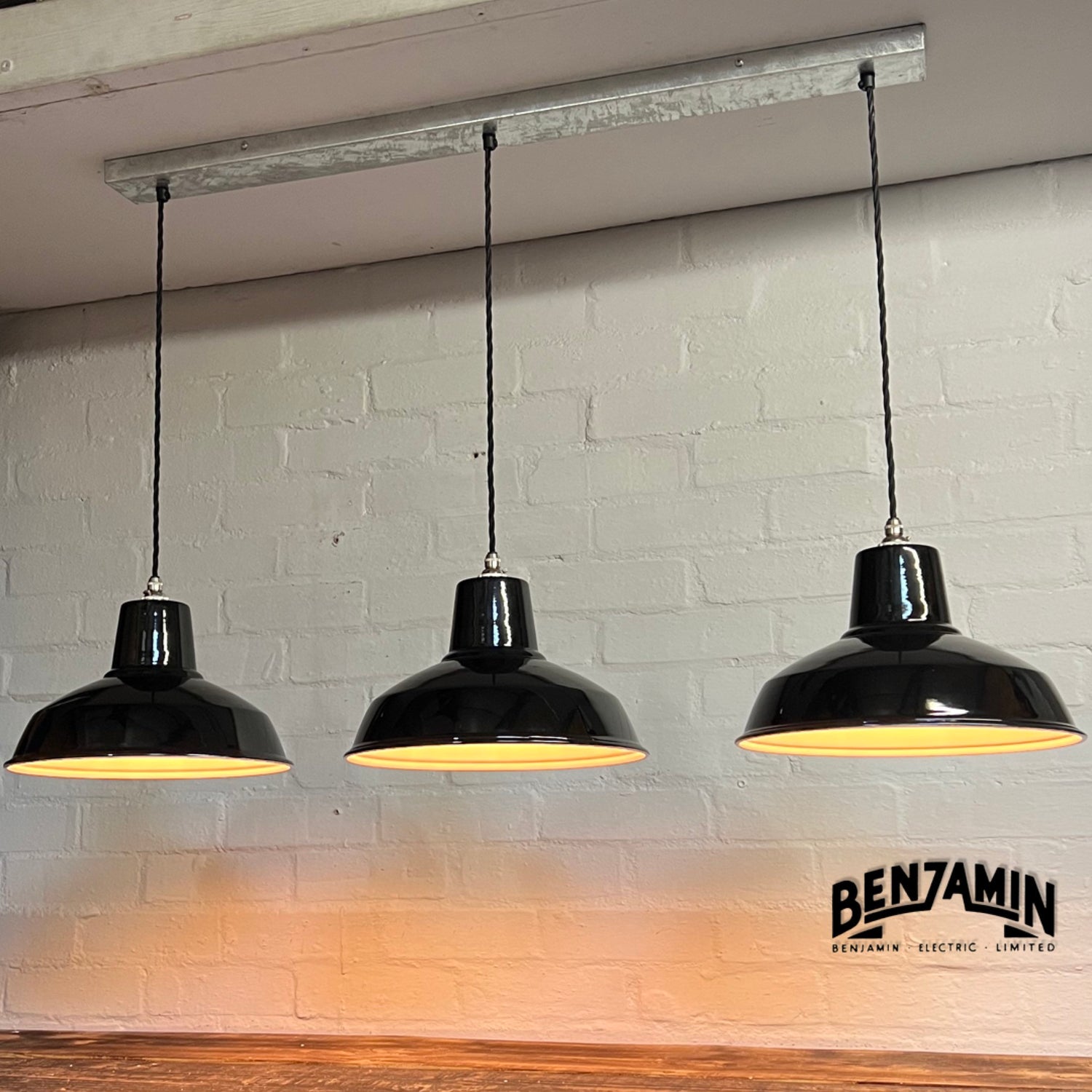 Filby ~ 3 x Jet Black Shade RLM 1921 Design Pendant Set Galvanised Track Light | Dining Room | Kitchen Table | Vintage