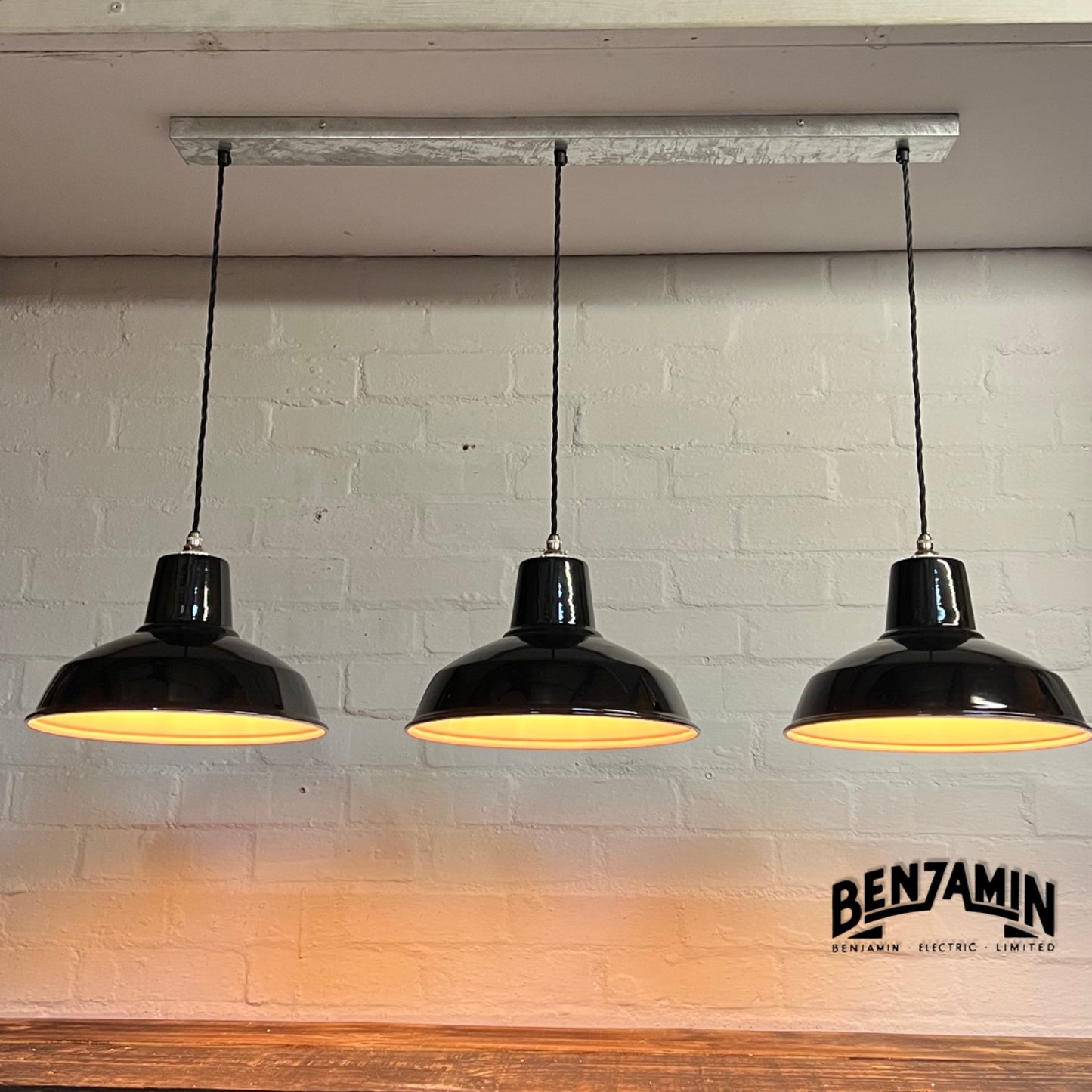 Filby ~ 3 x Jet Black Shade RLM 1921 Design Pendant Set Galvanised Track Light | Dining Room | Kitchen Table | Vintage