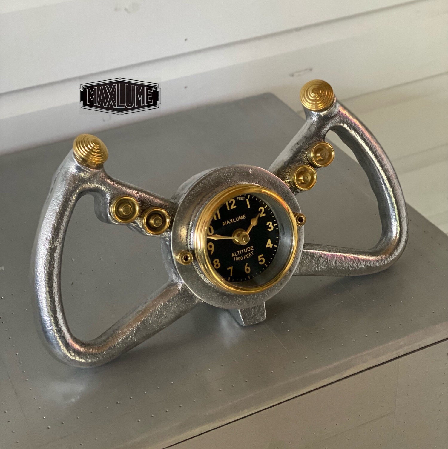 Maxlume ~ Cockpit Pilots Yoke Aviator Solid Brass Ships Clock Compass Nautical Vintage Industrial Pilot Decor