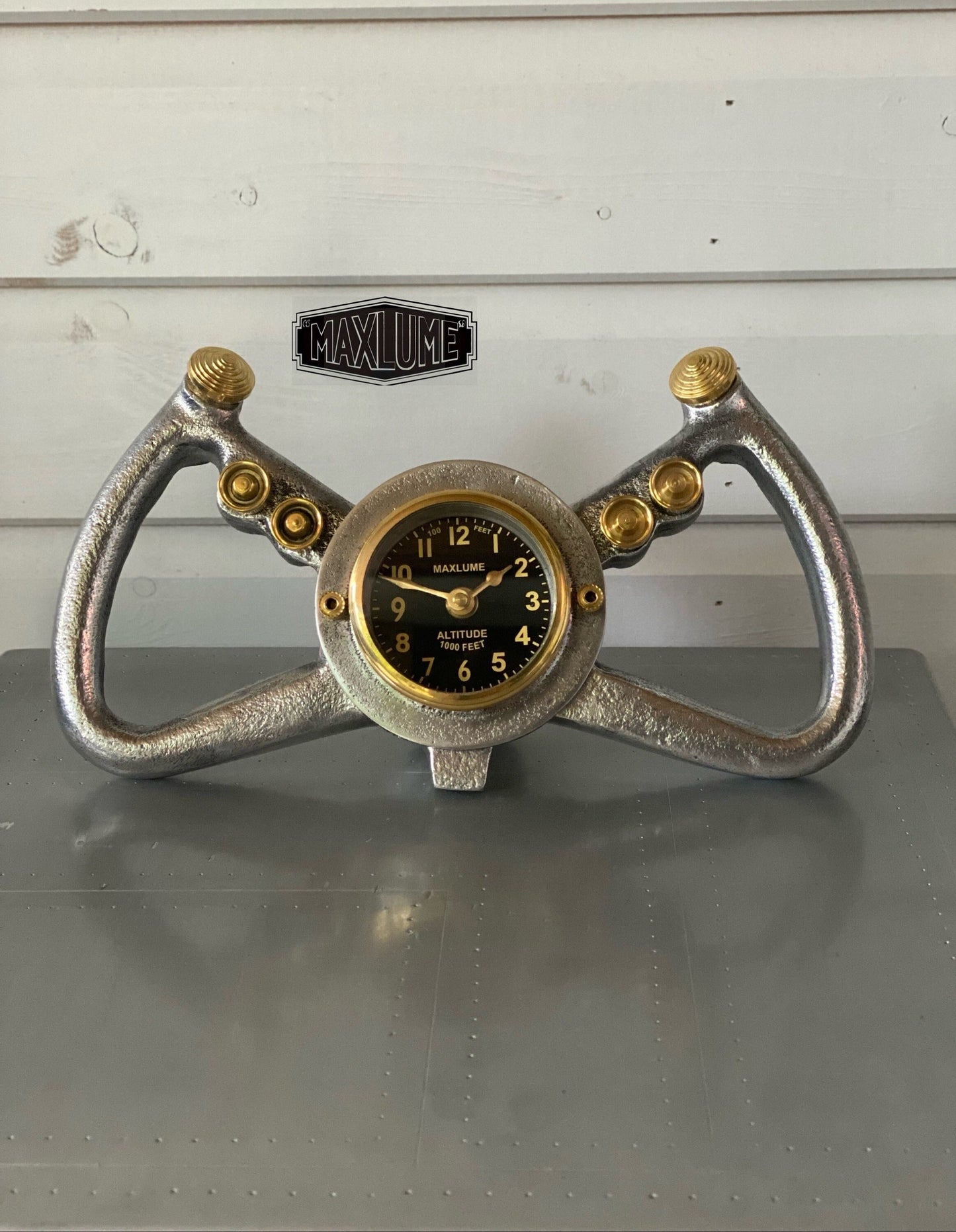 Maxlume ~ Cockpit Pilots Yoke Aviator Solid Brass Ships Clock Compass Nautical Vintage Industrial Pilot Decor