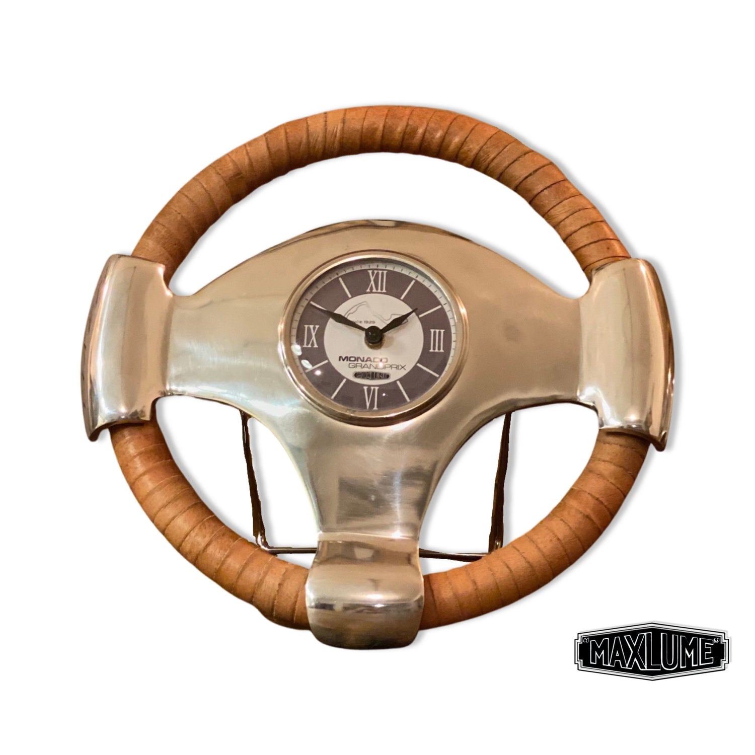 Luxury Monaco Grandprix Racing Steering Wheel Clock | Genuine Leather 1929 F1 Classic Car by Maxlume