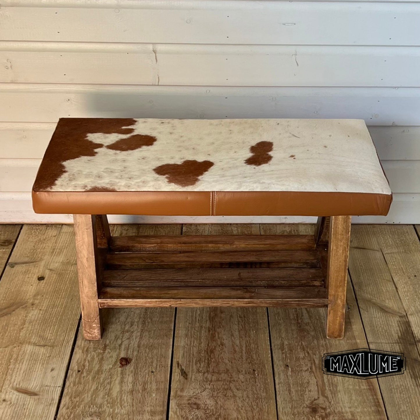 Cow Hide Leather Bench Brown & White  | Foot Stool | Solid Base | Vintage Style | Floor Standing | Man Cave Stool by Maxlume