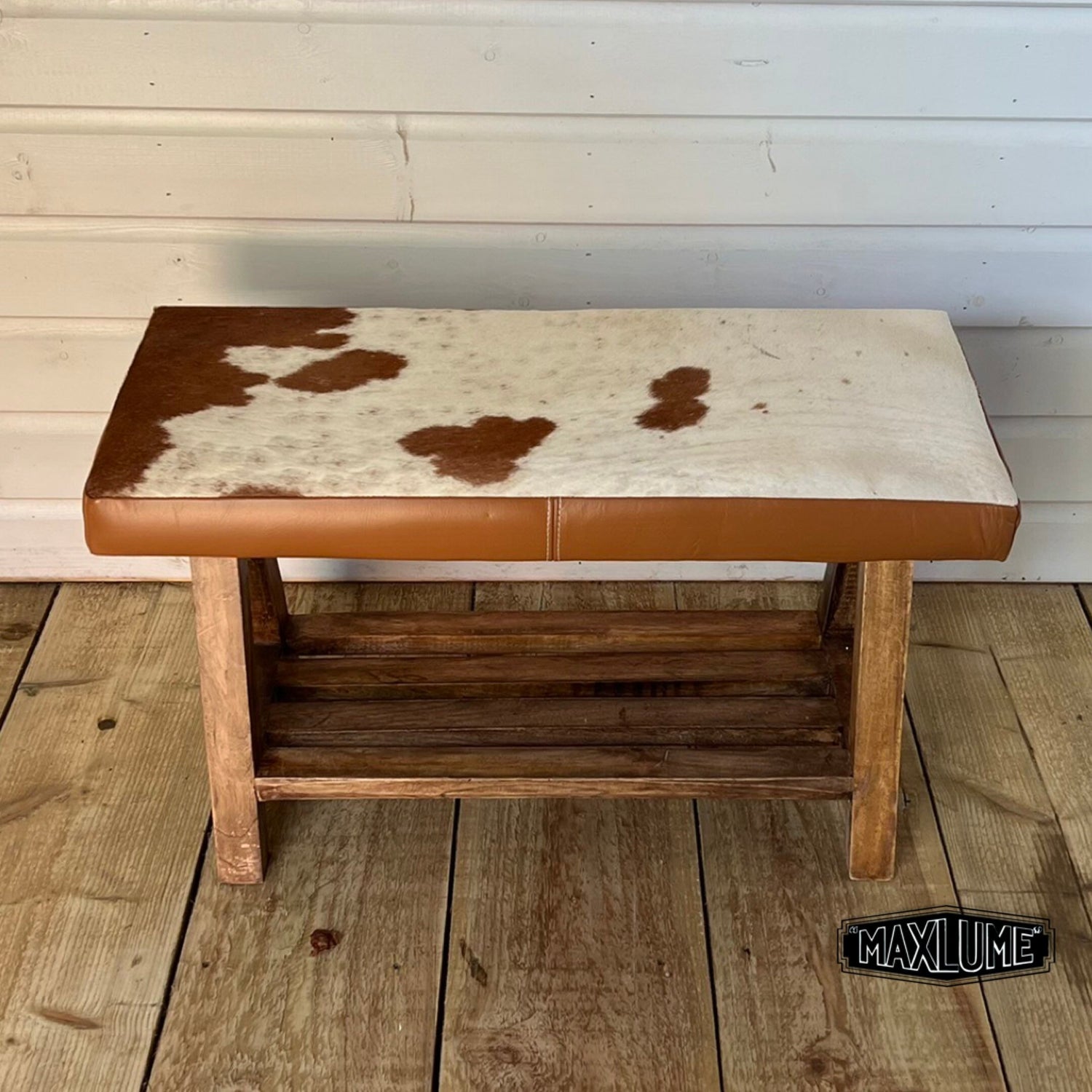 Cow Hide Leather Bench Brown & White  | Foot Stool | Solid Base | Vintage Style | Floor Standing | Man Cave Stool by Maxlume