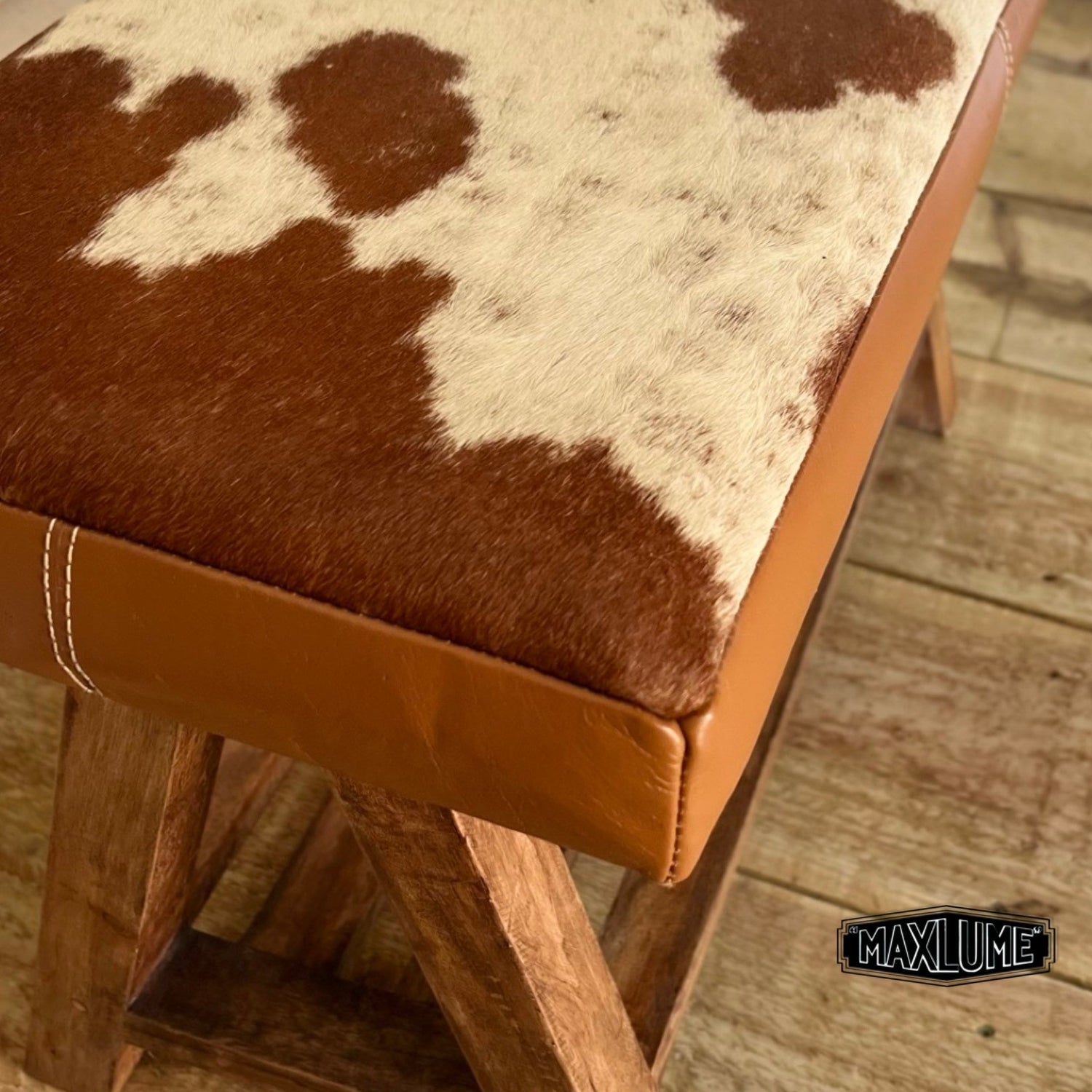 Cow Hide Leather Bench Brown & White  | Foot Stool | Solid Base | Vintage Style | Floor Standing | Man Cave Stool by Maxlume