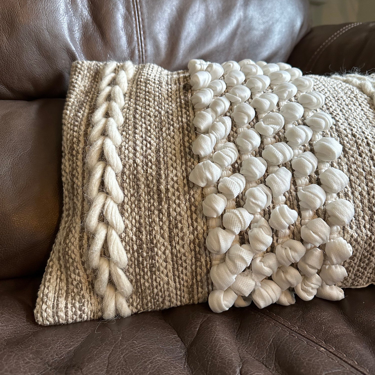 Luxury Beige Boho Cushion 12 x 20 | Woven Wool Cover | Plait Detail | Braided Pillow | Comes Filled by Maxlume