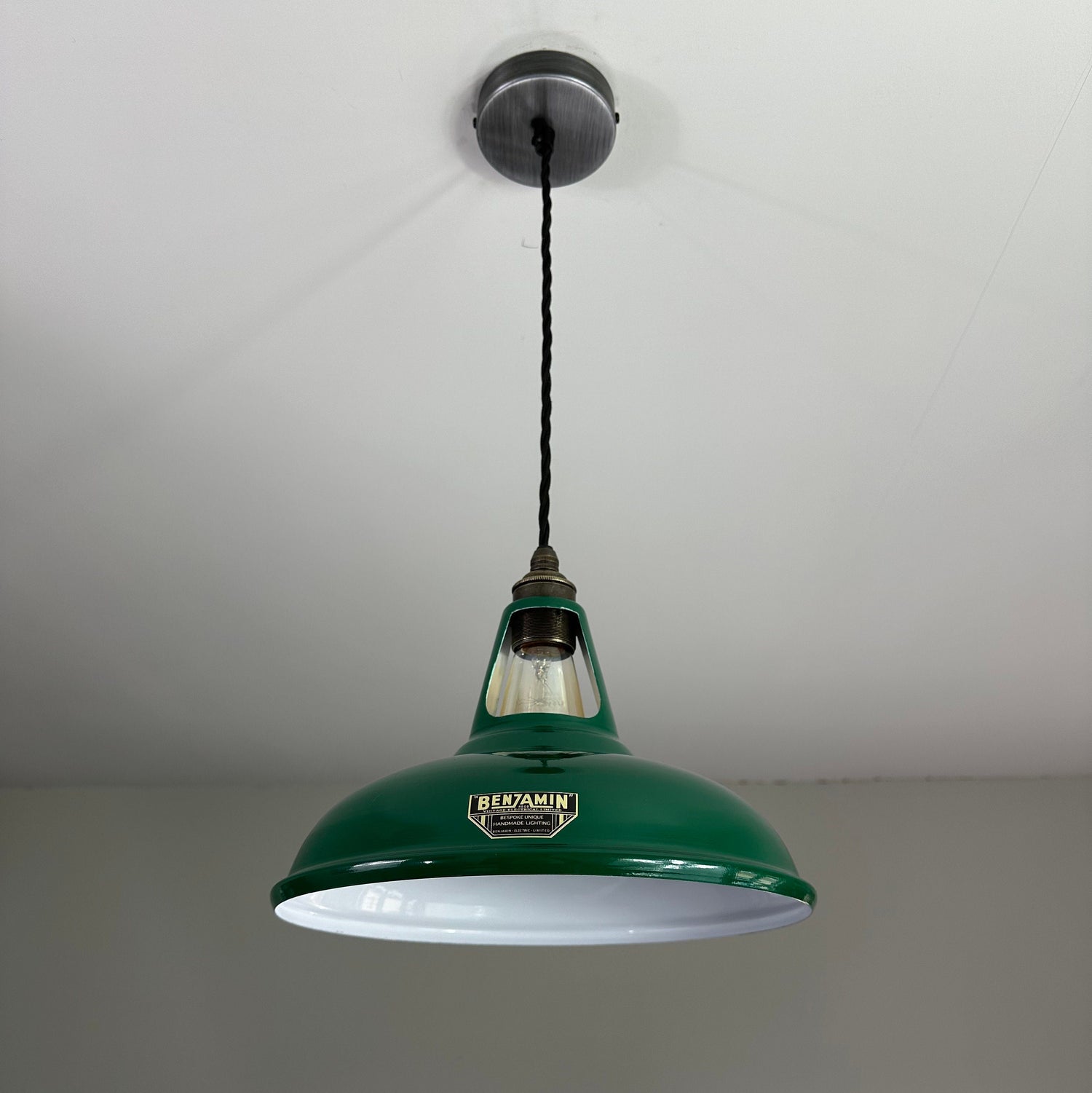 Cawston ~ Racing Green Solid Shade Slotted Design Pendant Set Light | Ceiling Dining Room | Kitchen Table | Vintage Filament Bulb | 11 Inch