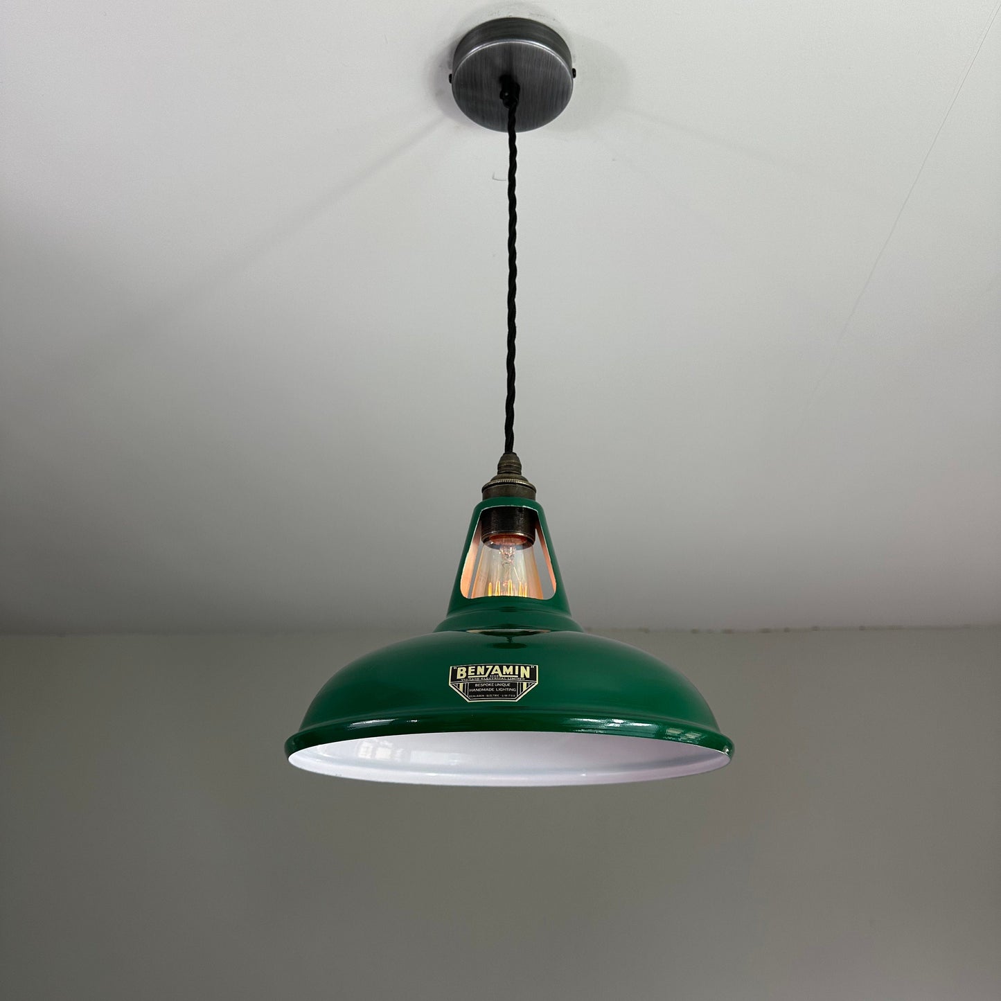 Cawston ~ Racing Green Solid Shade Slotted Design Pendant Set Light | Ceiling Dining Room | Kitchen Table | Vintage Filament Bulb | 11 Inch