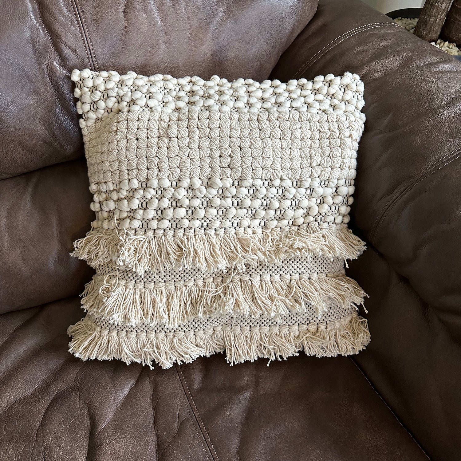 Maxlume ~ 16x16 Beige Boho Cushion, Woven Wool Cover, Plait Detail, Braided Pillow, Comes Filled