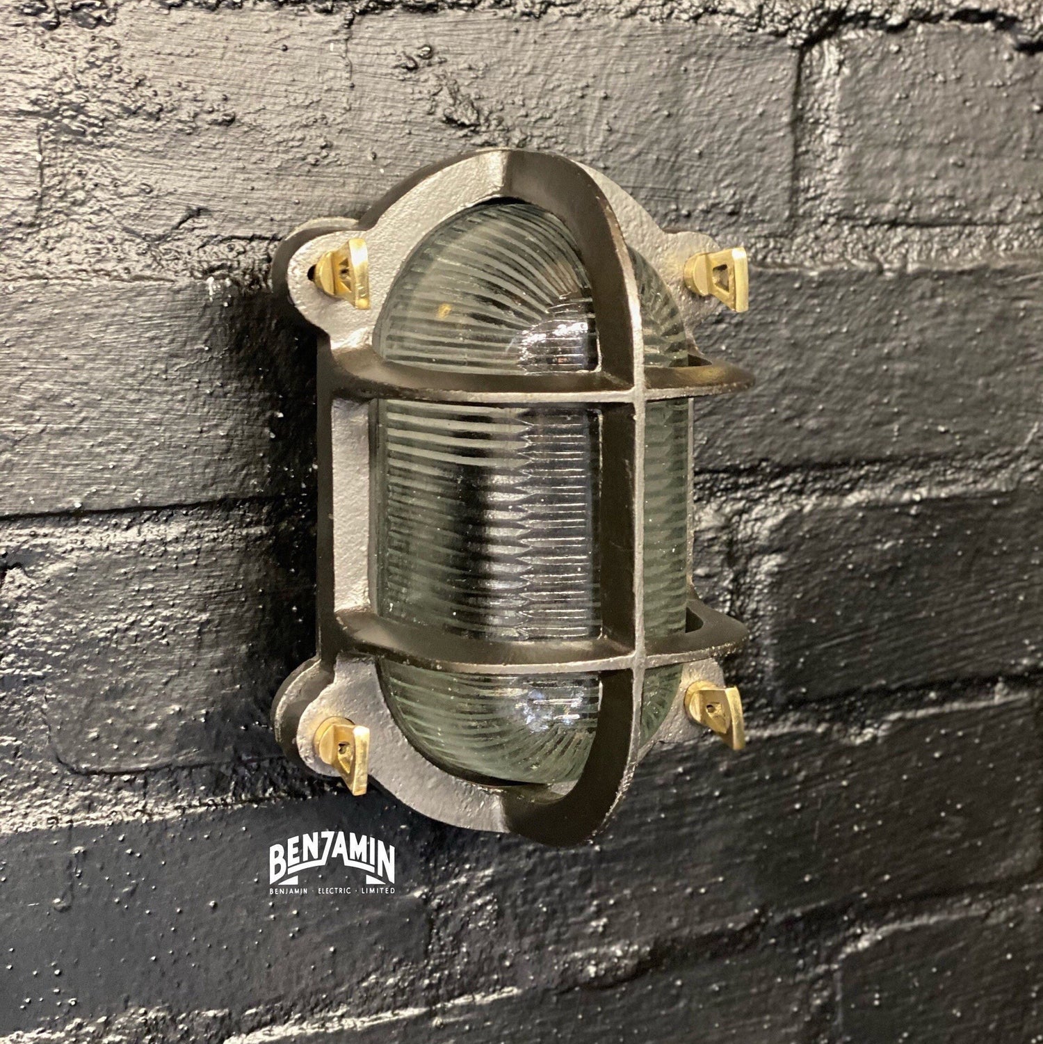 Walsingham ~ Solid Cast Iron Caged Bulkhead Industrial Wall Light | Outdoor & Bathroom | Outdoor Garden | Vintage Oval Light - 7.5 Inch