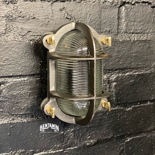 Walsingham ~ Solid Cast Iron Caged Bulkhead Industrial Wall Light | Outdoor & Bathroom | Outdoor Garden | Vintage Oval Light - 7.5 Inch