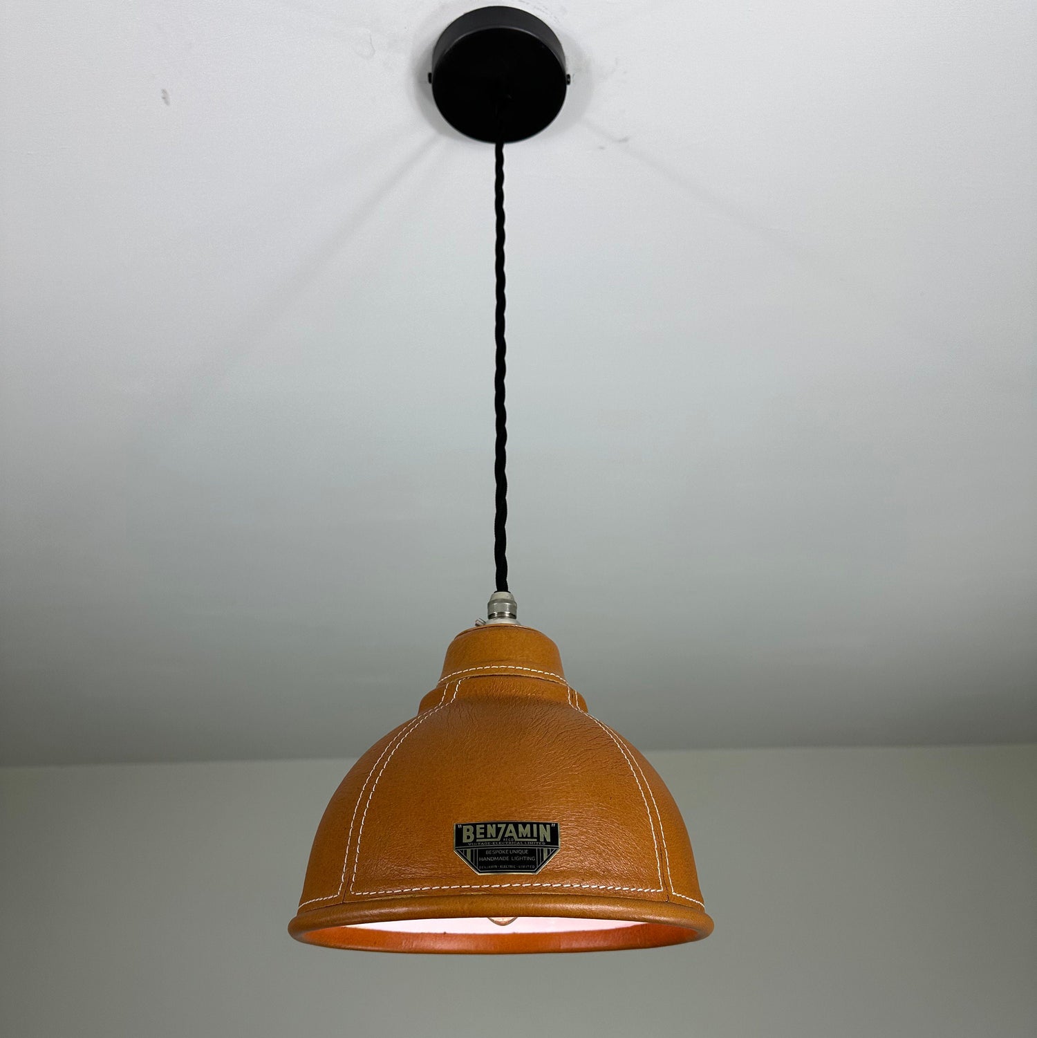 Trimingham ~ Real Genuine Leather Hand Stitched Solid Shade Light | Ceiling Dining Room | Kitchen Table | Vintage