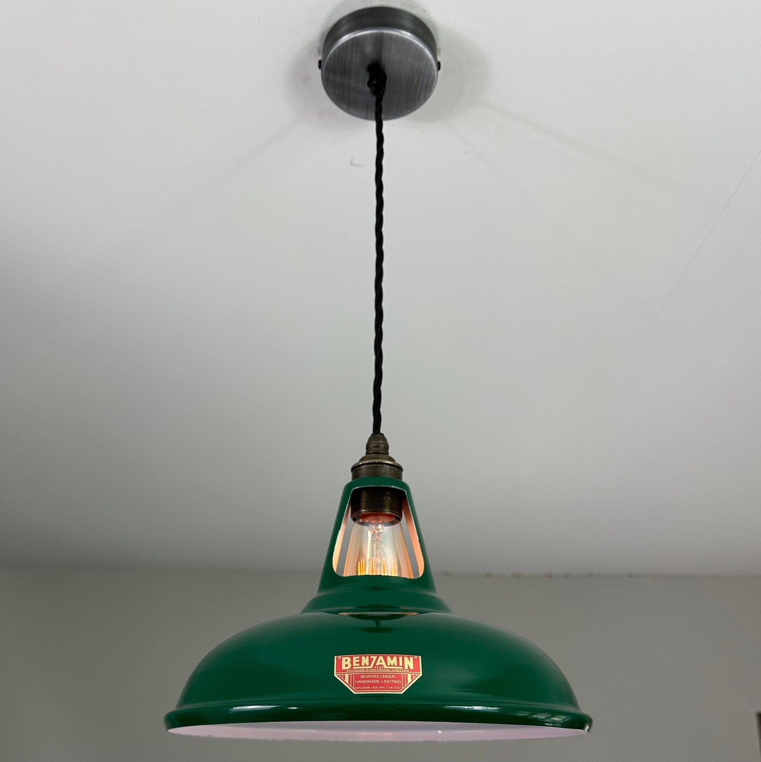 Cawston ~ Racing Green Solid Shade Red Label Slotted Design Pendant Light | Ceiling Dining Room | Kitchen Table | Vintage Bulb | 11 Inch