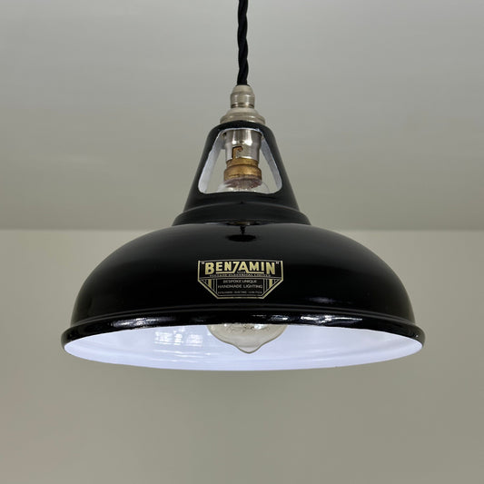 Cawston Small ~ Gloss Black Solid Industrial Slotted Design Shade Pendant Set Light | Ceiling Dining Room | Kitchen Table | Vintage 9 Inch