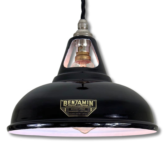 Cawston Small ~ **Worn** Gloss Black Solid Shade 1932 Design Pendant Set Light | Ceiling Dining Room | Kitchen Table | 9 Inch